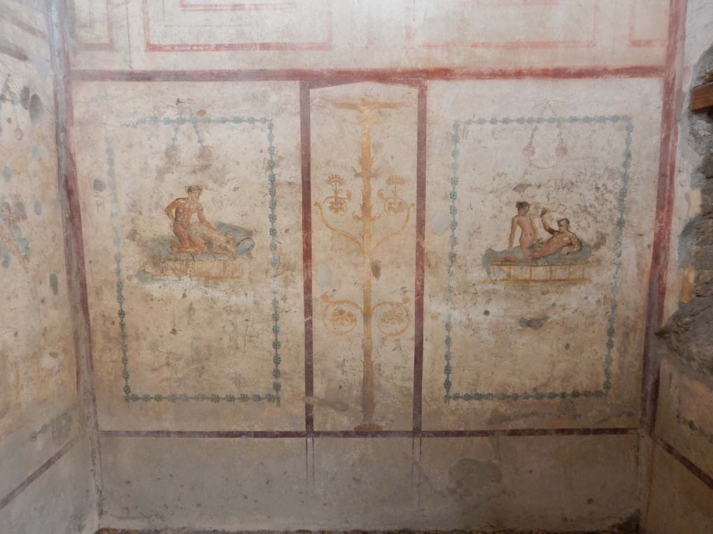IX.5.16 Pompeii. June 2019. Cubiculum f’, detail of wall painting at west end of north wall.
Photo courtesy of Buzz Ferebee.

