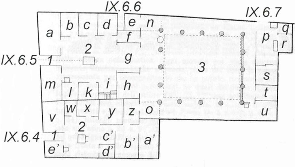 IX.6.4-7 Pompeii plan.  Based on those in BdI as developed in PPM. 
The differences are that BdI uses Greek letters for a to e in IX.6.4 and PPM uses a to e and adds 1, 2 and 3 for the fauces, atrium and peristyle.
See BdI, September 1880, p.194.
