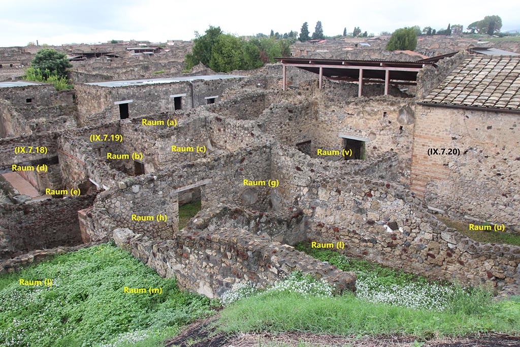 IX.7.19 Pompeii. October 2024. 
Looking north-west from rear. The rooms on the right, (u) and (v) are part of IX.7.20. Photo courtesy of Klaus Heese.
