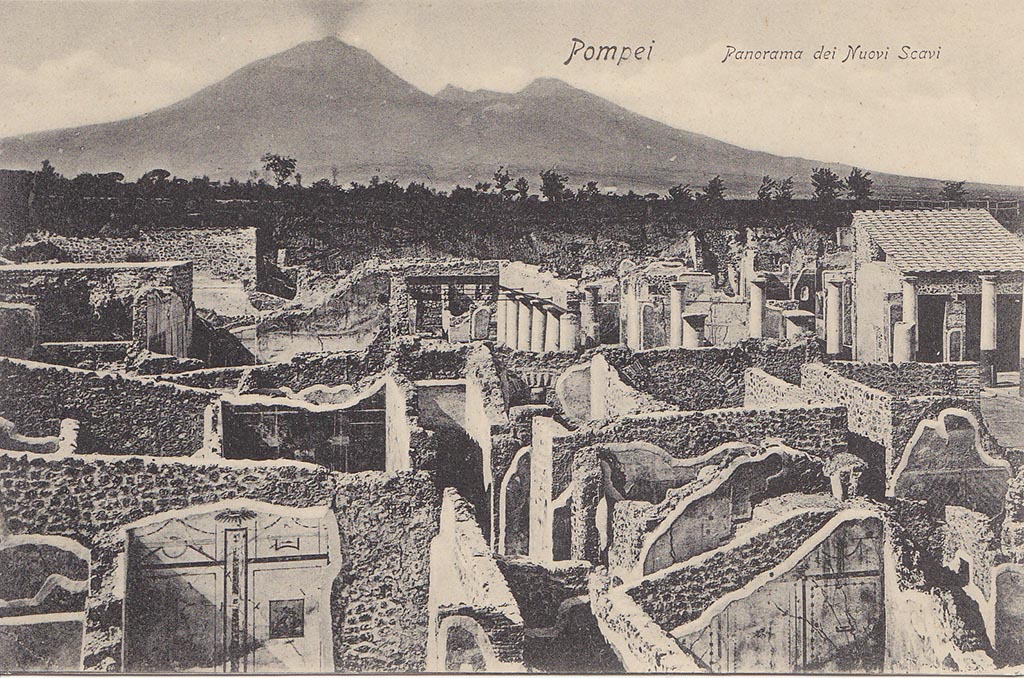 IX.8.c Pompeii. Old undated postcard. Looking north from the top of the unexcavated area. 
IX.8.c is in the lower front of the photo. Behind is IX.8.b and at the rear is the House of the Centenary. Photo courtesy of Drew Baker.
