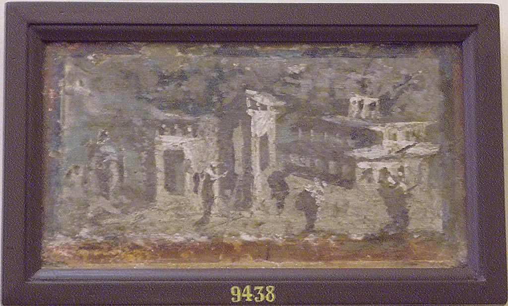 IX.12.4 Pompeii. Painting of two temples with lean-to roofs on the left, and a basilica-type building to the rear on the right.
Now in Naples Archaeological Museum. Inventory no: 9438.
See Peters, W.J.T. Landscape in Romano-Campanian Mural Painting. (p. 159, fig.156).
According to Spinazzola, this painting was also the decoration from the zoccolo of an upper floor room. 
See Spinazzola, V. Pompei, alla luce degli Scavi Nuovi di Via dell’Abbondanza (Anni 1910-1923), Vol.2, p.719, fig.690.
According to Pagano & Prisciandaro, this was found 12/7/1760, with another 3 paintings all with blue backgrounds, (9151, 9465, 9436)
See Pagano, M. and Prisciandaro, R., 2006. Studio sulle provenienze degli oggetti rinvenuti negli scavi borbonici del regno di Napoli. Naples: Nicola Longobardi. (p. 34-5)
