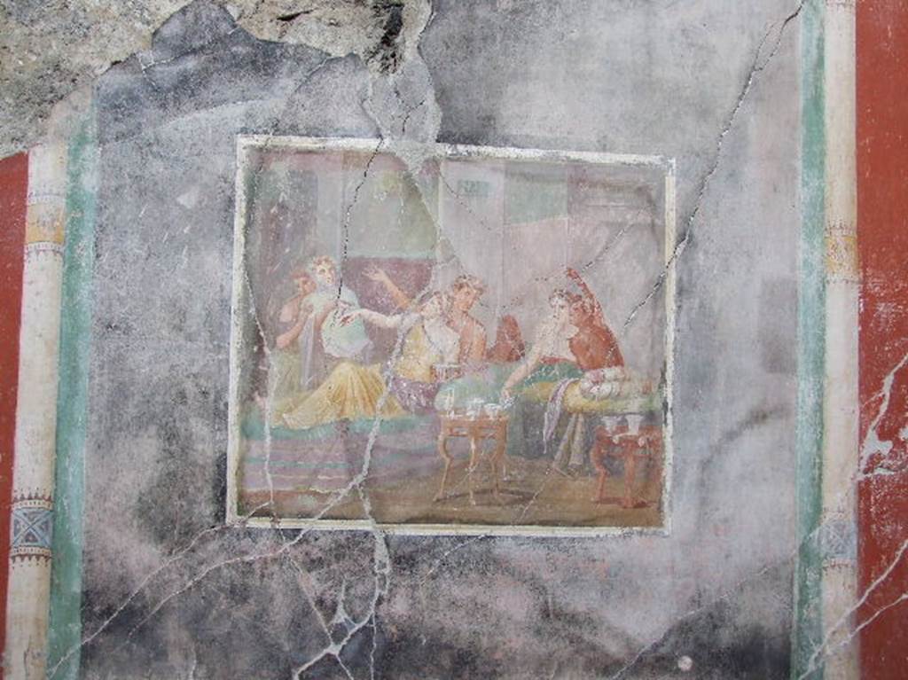 IX.12.6 Pompeii. December 2006. Room “m”, west wall of triclinium, painting of banqueting scene.
