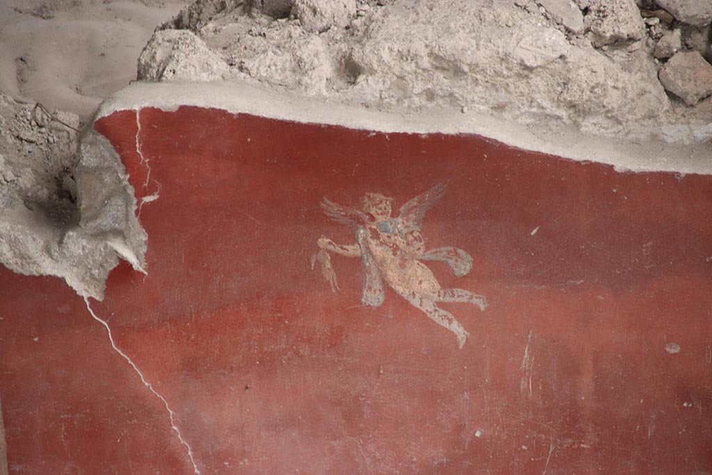 IX.12.6 Pompeii. October 2024. Room “m”, detail of flying figure from east wall, on south side of central painting. Photo courtesy of Klaus Heese.