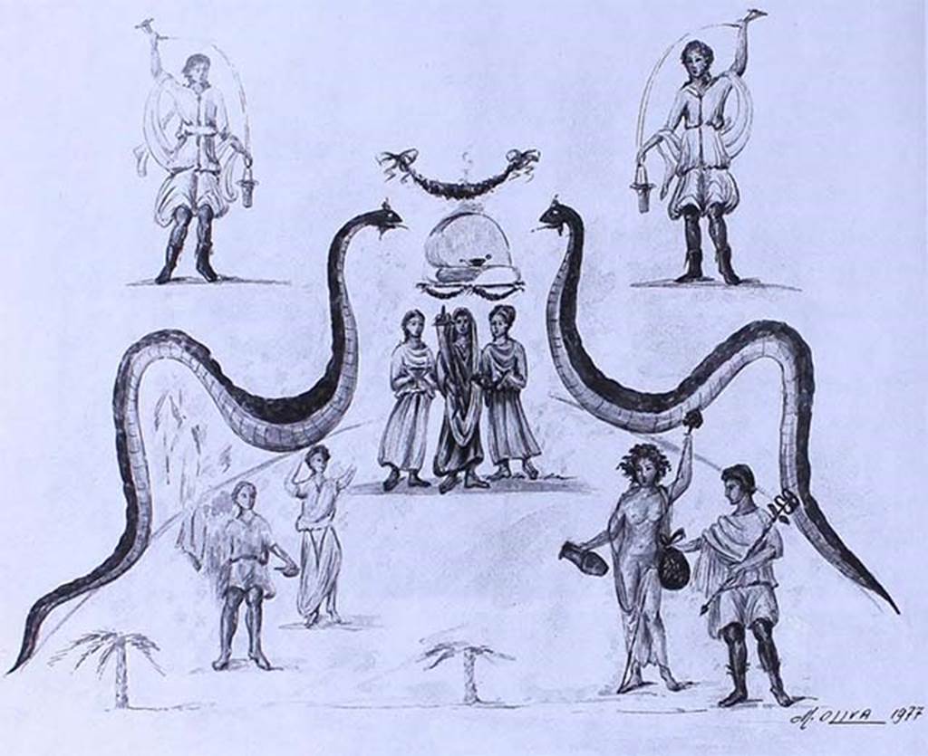 Unnamed Vicolo between IX.12 and IX.13. 1997 drawing by M. Oliva of a lararium discovered in a garden to the north of IX.13.3.
A small niche, which contained a lamp, has a garland above and two serpents approaching, one from each side.
Two Lares are in the upper zone, one on each side.
Below the niche is the genius and two female figures.
Bottom at the right are Bacchus and Mercury.
Bottom at the left are two figures.
Two palm trees are also shown at the bottom.
