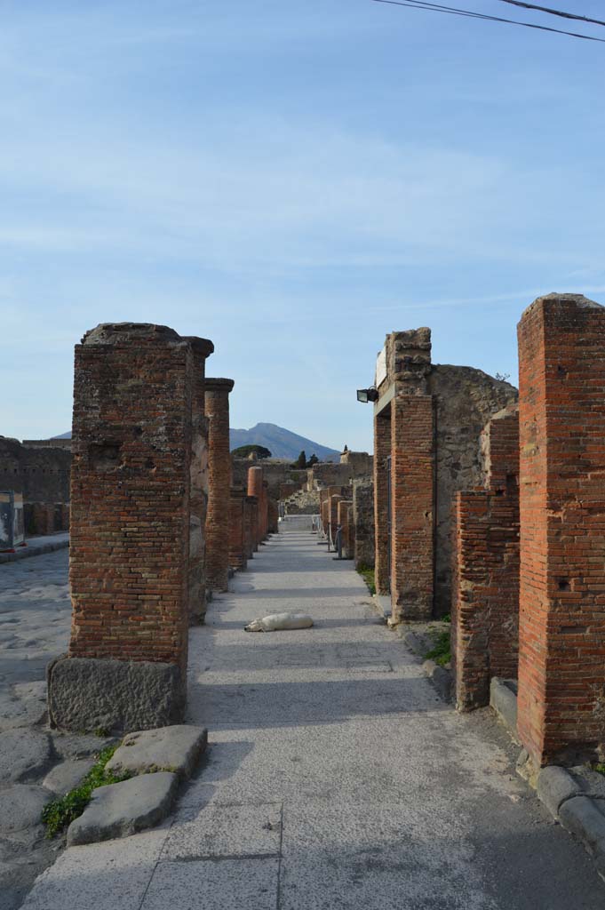 Via del Foro, east side, Pompeii. March 2019. 
Looking north along pavement underneath portico, from pilaster/column at south end. 
Foto Taylor Lauritsen, ERC Grant 681269 DCOR.
