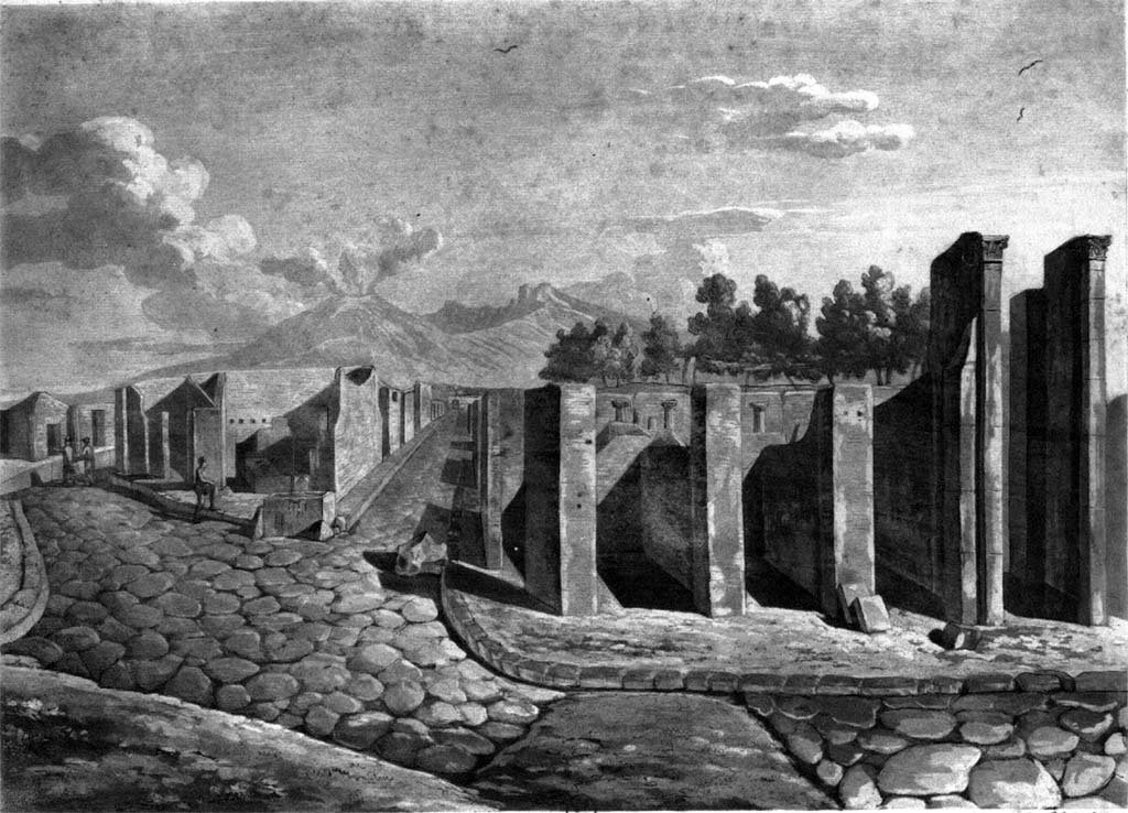 Via delle Terme, Pompeii. c.1819. 
Looking north towards junction with Via Consolare, on left, and VI.6.21-23, centre right.
The entrance corridor to VI.6.1, House of Pansa, is on the right.
See Wilkins H, 1819. Suite de Vues Pittoresques des Ruines de Pompei, Rome, (p.14 et Pl. XIV).

