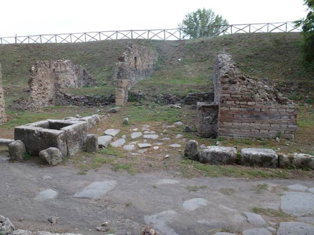 Via di Nola, south side, September 2011. Looking south towards III.11.1 on left, fountain, unexcavated vicolo, and III.10.6 on right. Photo courtesy of Michael Binns.
