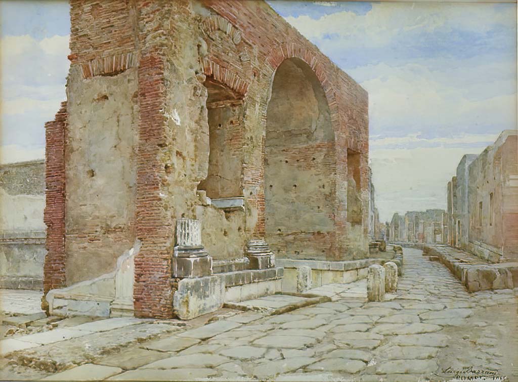 Vicolo dei Soprastanti, c.1910 or 1916?. Watercolour by Luigi Bazzani.
Looking west along roadway between VII.8 and VII.5, from junction with the Forum, on left, and Via del Foro, on right.
On the right of the roadway, the properties of VII.6, in the distance, and south side of VII.5, can be seen prior to 1943 bombing.
Now in Naples Archaeological Museum, inv. no. 139476.
