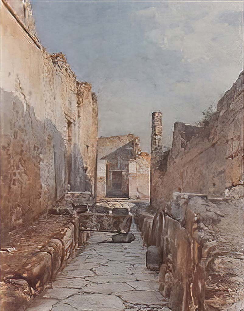 VII.6.37 Pompeii. Vicolo del Farmacista. September 1915. Watercolour by Luigi Bazzani.
Looking south from between VII.6.38 and 37, on left, towards junction with Vicolo dei Soprastanti.
Now in Naples Archaeological Museum, inv. no. 139431.
According to NdS,
To the left of the entrance doorway, was found across the roadway, a large parallelepid of Sarno stone, which did not reach to the pavement opposite, but rested with the extremity projecting onto a stone of lava. This was used to facilitate the passage onto the pavement opposite, and at the same time did not impede the rainwater.
The ground was paved; and almost in the entire left half of the eastern side of the vicolo, there are no doorways and the wall preserved remains of a high signinum zoccolo/plinth. 
See Notizie degli Scavi, 1910, (p.438)
