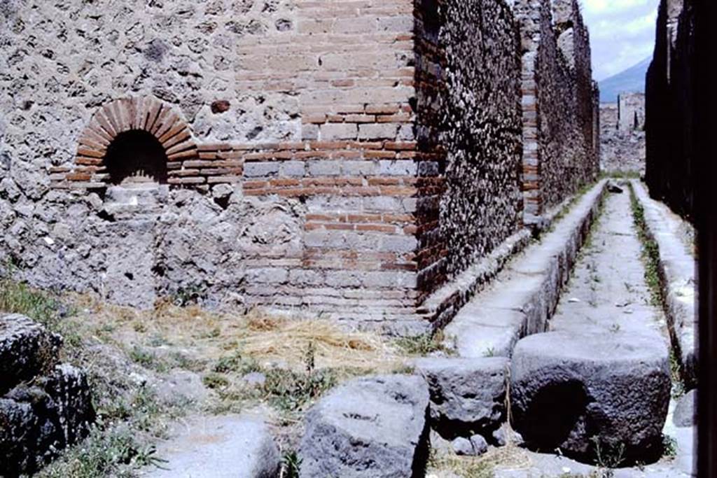 Vicolo di Tesmo between IX.4 and IX.5, on the right. Pompeii. 1966. Looking north from junction with unnamed vicolo, on the left.  Photo by Stanley A. Jashemski.
Source: The Wilhelmina and Stanley A. Jashemski archive in the University of Maryland Library, Special Collections (See collection page) and made available under the Creative Commons Attribution-Non Commercial License v.4. See Licence and use details.
J66f0472
