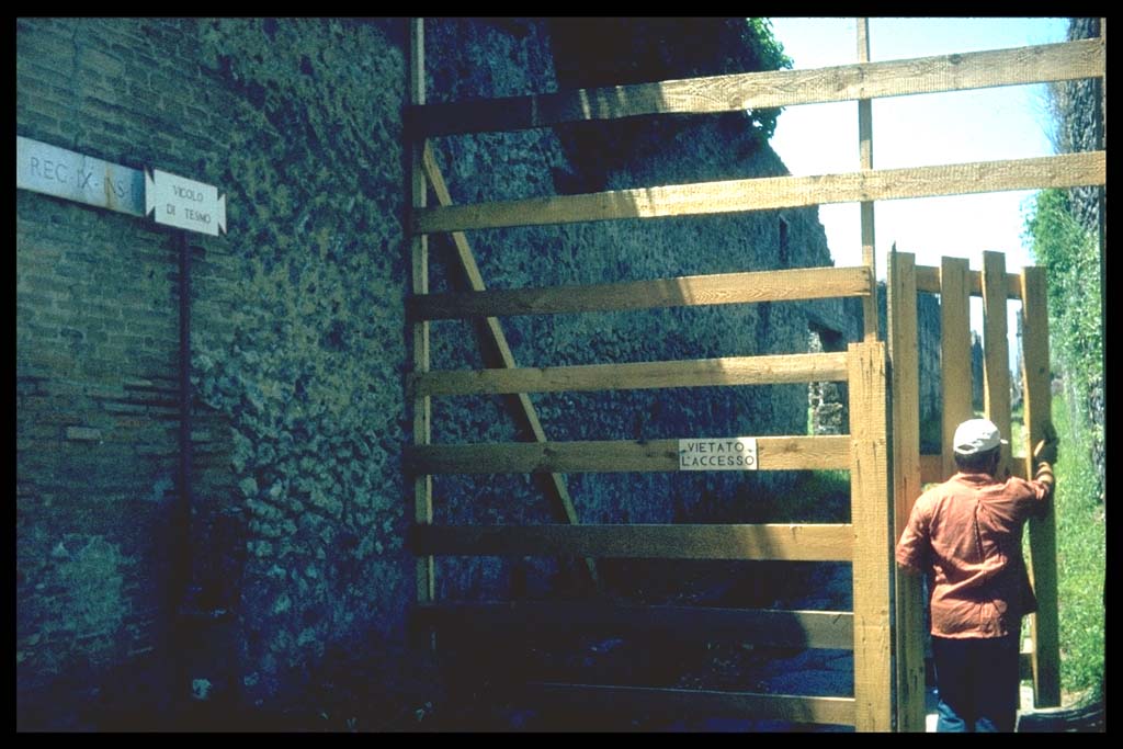 Vicolo di Tesmo. Looking north from Via dell’Abbondanza.
Photographed 1970-79 by Günther Einhorn, picture courtesy of his son Ralf Einhorn.
