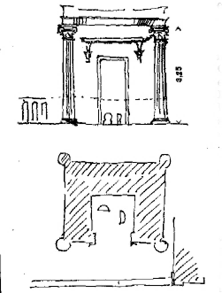 Pompeii FP2. 1886 drawing by Maier of tomb front and cross section showing position of cippi. According to Maier, this grave and the second grave on the left hand side (FP4) were completely similar in construction. He says this grave was located on the left of, and closely adjacent to grave 1 and was enclosed by a balustrade. See Maier H., 1886. Centralblatt der Bauverwaltung, No 46, p. 451, fig. 2. According the CTP, this is a drawing of FP4 but comparison with Maus plan below and Maiers description seem to show it is FP2. See Van der Poel, H. B., 1981. Corpus Topographicum Pompeianum, Part V. Austin: University of Texas. (p. 42).