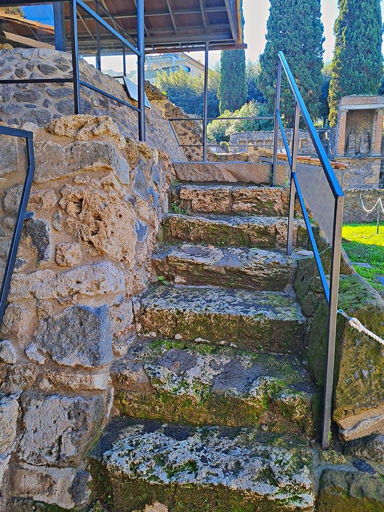 North-west side of Via delle Tombe. October 2024. 
Steps to a higher area. Photo courtesy of Giuseppe Ciaramella.
