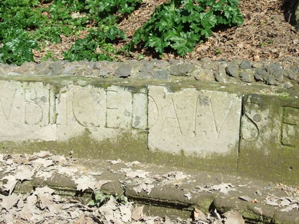 SGF Pompeii. March 2009. Schola. Inscription carved in large letters.