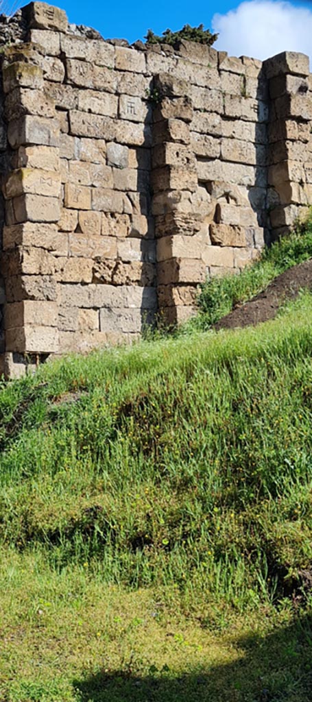 Tower XI and Town Walls at end of Via di Mercurio, Pompeii. April 2022. 
Detail of interior of Town Wall on east side of Tower. Photo courtesy of Giuseppe Ciaramella.
