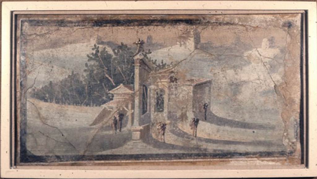 Villa rustica del fondo Ippolito Zurlo, Pompeii. Room B triclinium. North wall. 
Landscape depicting a building with a nearby walled garden.
A cornucopia is on the highest point of the building. Size 0.32m high and 0.61m wide.
Photo  Trustees of the British Museum. Inventory number 1899.2-15.3.
See Landscape with building at britishmuseum.org
See Notizie degli Scavi di Antichit, 1897, p. 394.
