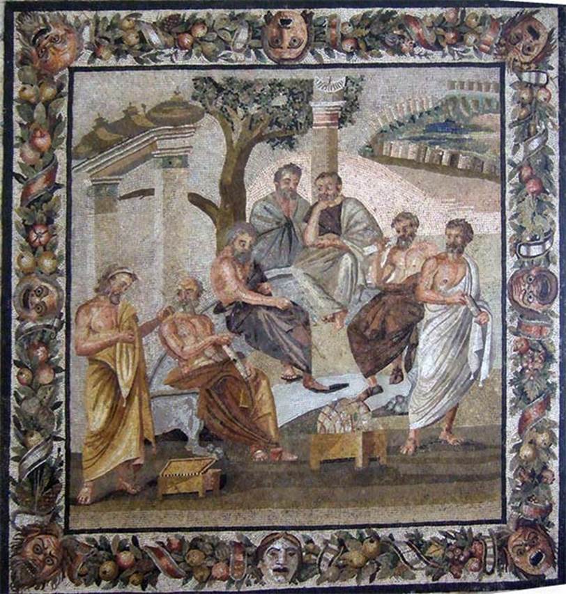 Villa of T. Siminius Stephanus, fondo Masucci-D'Aquino. Mosaic of the Academy of Plato (Dellaccademia Platonica). Found 14th July 1897 in room F, at a depth of two metres in a layer of ash and not in situ. It was embedded in a slab of travertine although traces of wear confirmed its original use in a floor. Now in Naples Archaeological Museum.  Inventory number 124545. Other bronze, iron, glass, lead, bone and terracotta items were also found. See Notizie degli Scavi di Antichit, 1898, p. 498-9.