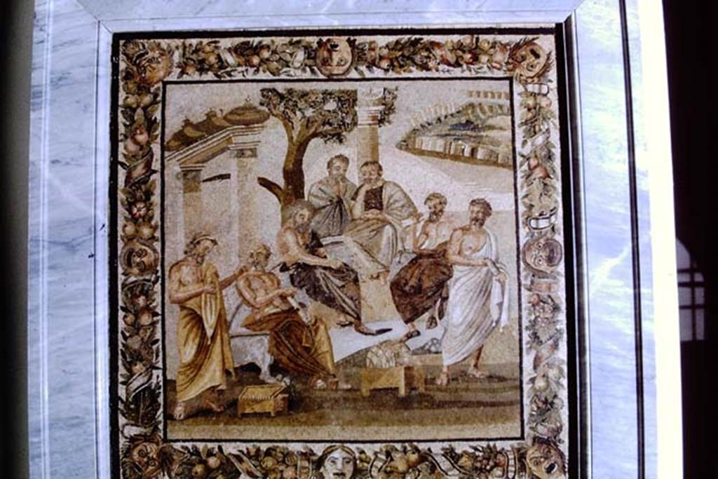 Villa of T. Siminius Stephanus, fondo Masucci-D'Aquino. Mosaic of the Academy of Plato (Dellaccademia Platonica). 1968.  Now in Naples Archaeological Museum.  Inventory number 124545.  Photo by Stanley A. Jashemski.
Source: The Wilhelmina and Stanley A. Jashemski archive in the University of Maryland Library, Special Collections (See collection page) and made available under the Creative Commons Attribution-Non Commercial License v.4. See Licence and use details.  J68f1052
