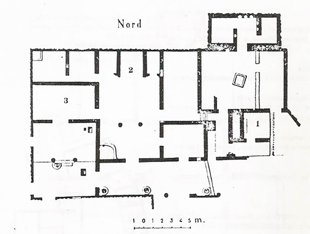 Boscoreale, Villa rustica in the fondo Vitiello. Plan of villa.
According to Casale & Bianco, “this Villa rustica explored in the fondo Vitiello between 1901 and 1902, in contrada Centopiedi al Tirone, comune di Pompei. Presso il canale Sarno.”
See Casale A., Bianco A., Primo contributo alla topografia del suburbio pompeiano: Supplemento al n. 15 di ANTIQUA ottobre-dicembre 1979, no. 30, p. 36 (and plan in fig. 12.)
