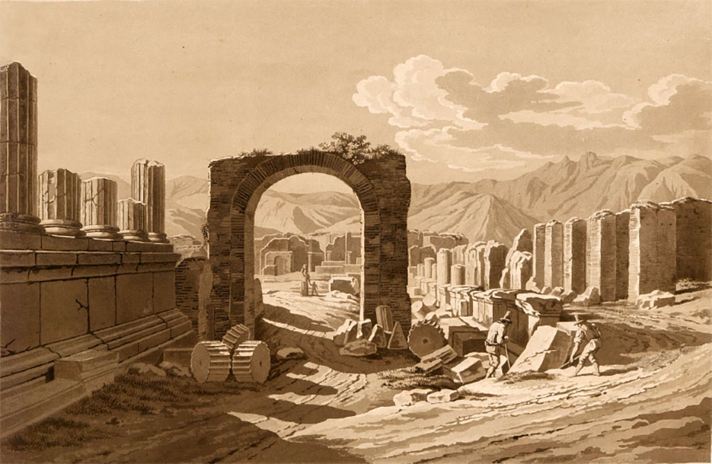 Arch of Augustus. Pre-1824 painting by Jakob Wilhelm Huber, Entre du Forum par la Rue des Tombeaux.
See Huber, J. W., 1824. Vues pittoresques des ruines les plus remarquables de lancienne ville de Pompei, pl. VIII. 
