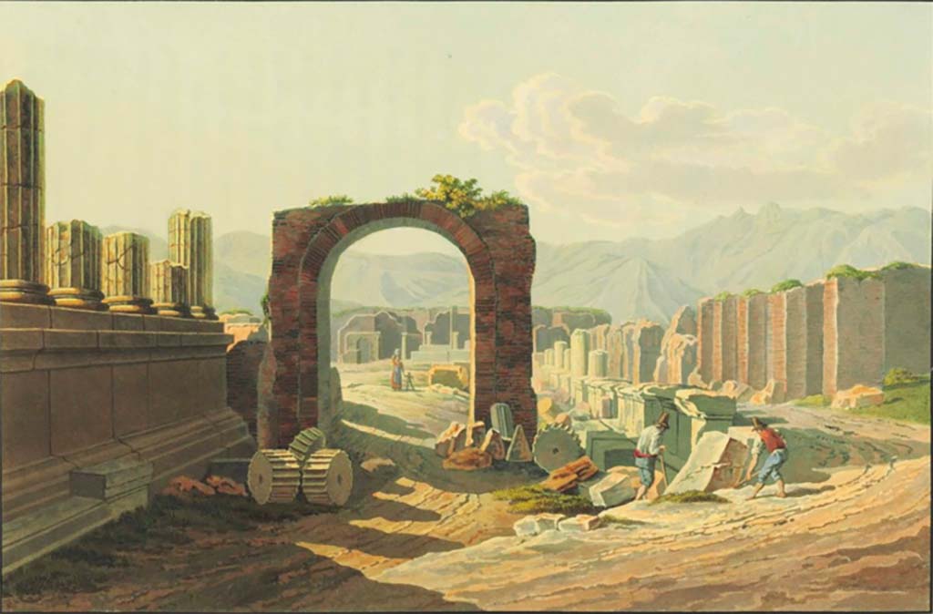 Arch of Augustus. Pre-1824 aquatint by Jakob Wilhelm Huber, Entre du Forum par la Rue des Tombeaux.
See Huber, J. W., 1824. Vues pittoresques des ruines les plus remarquables de lancienne ville de Pompei, pl. VIII. 
