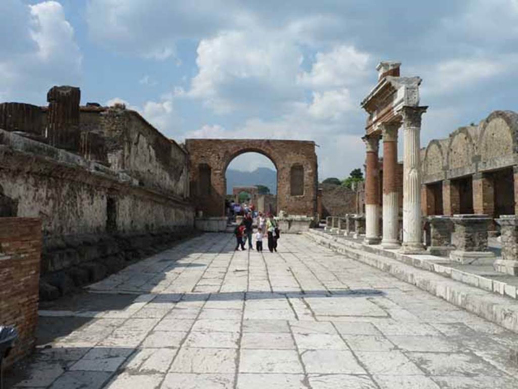 Arch of Nero. May 2010. Site of demolished arch on the east side of the temple of Jupiter. Looking north.